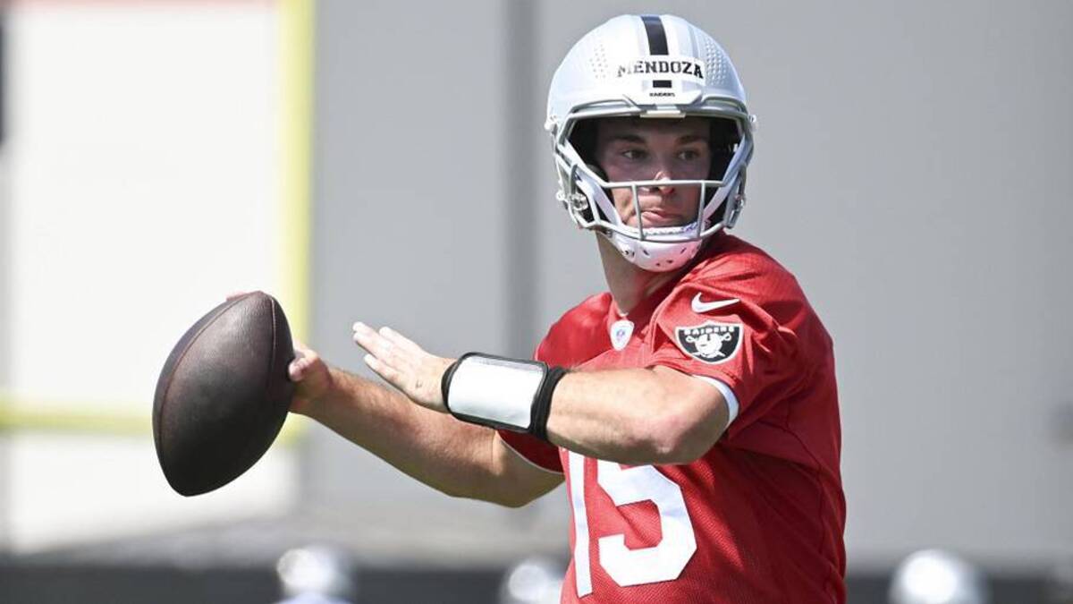  May 2, 2026; Henderson, NV, USA; Las Vegas Raiders quarterback Fernando Mendoza (15) runs through a drill during a Rookie Minicamp at Intermountain Health Performance Center. Mandatory Credit: Candice Ward-Imagn Images | Candice Ward-Imagn Images 