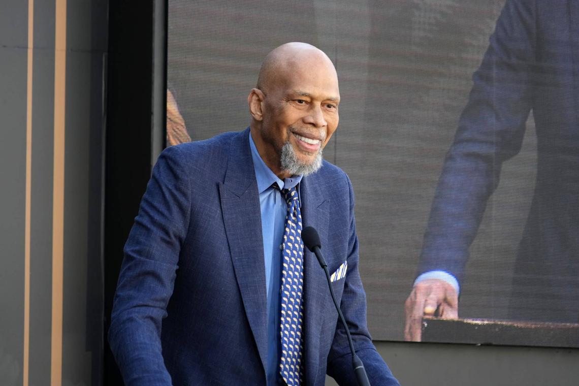  Kareem Abdul-Jabbar speaks at unveiling of statue of former Los Angeles Lakers coach Pat Riley. Kirby Lee-Imagn Images