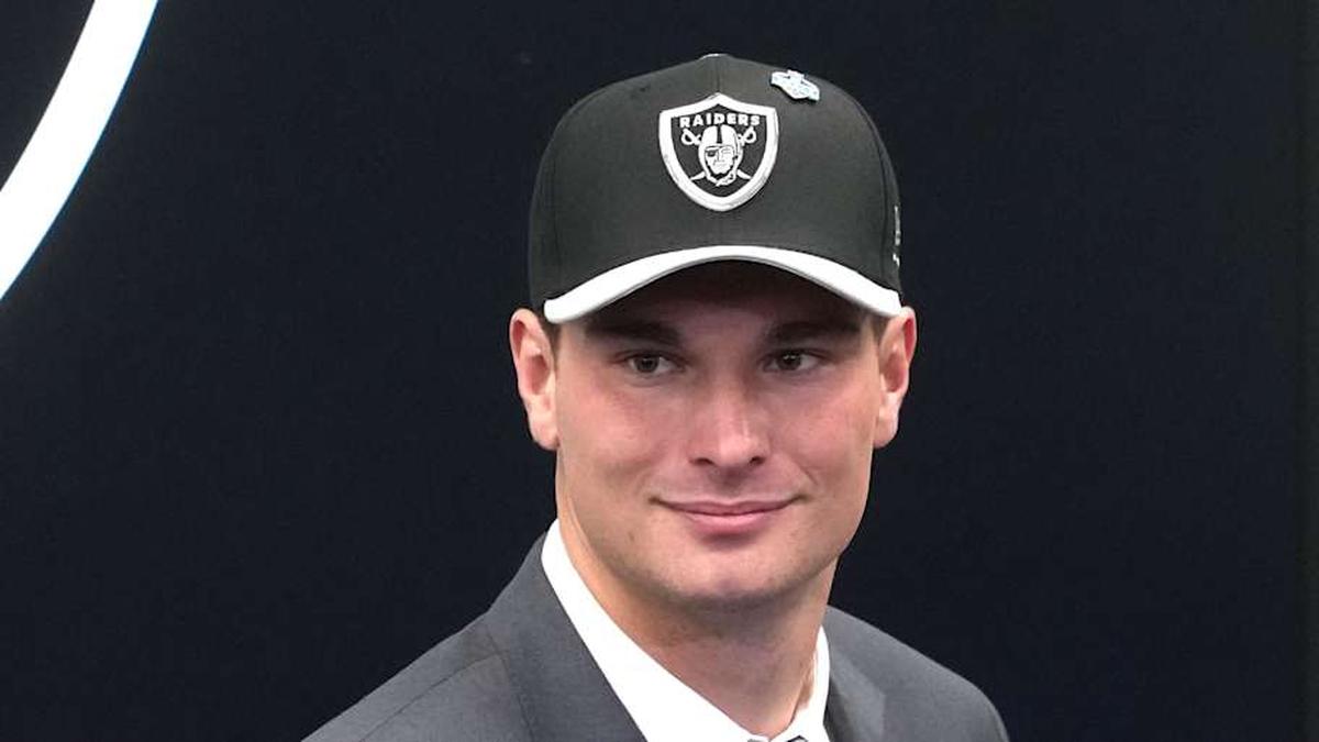  Apr 24, 2026; Henderson, NV, USA; Las Vegas Raiders quarterback Fernando Mendoza at introductory press conference at Intermountain Health Performance Center after being selected as the No. 1 pick in the 2026 NFL Draft. Mandatory Credit: Kirby Lee-Imagn Images | Kirby Lee-Imagn Images 