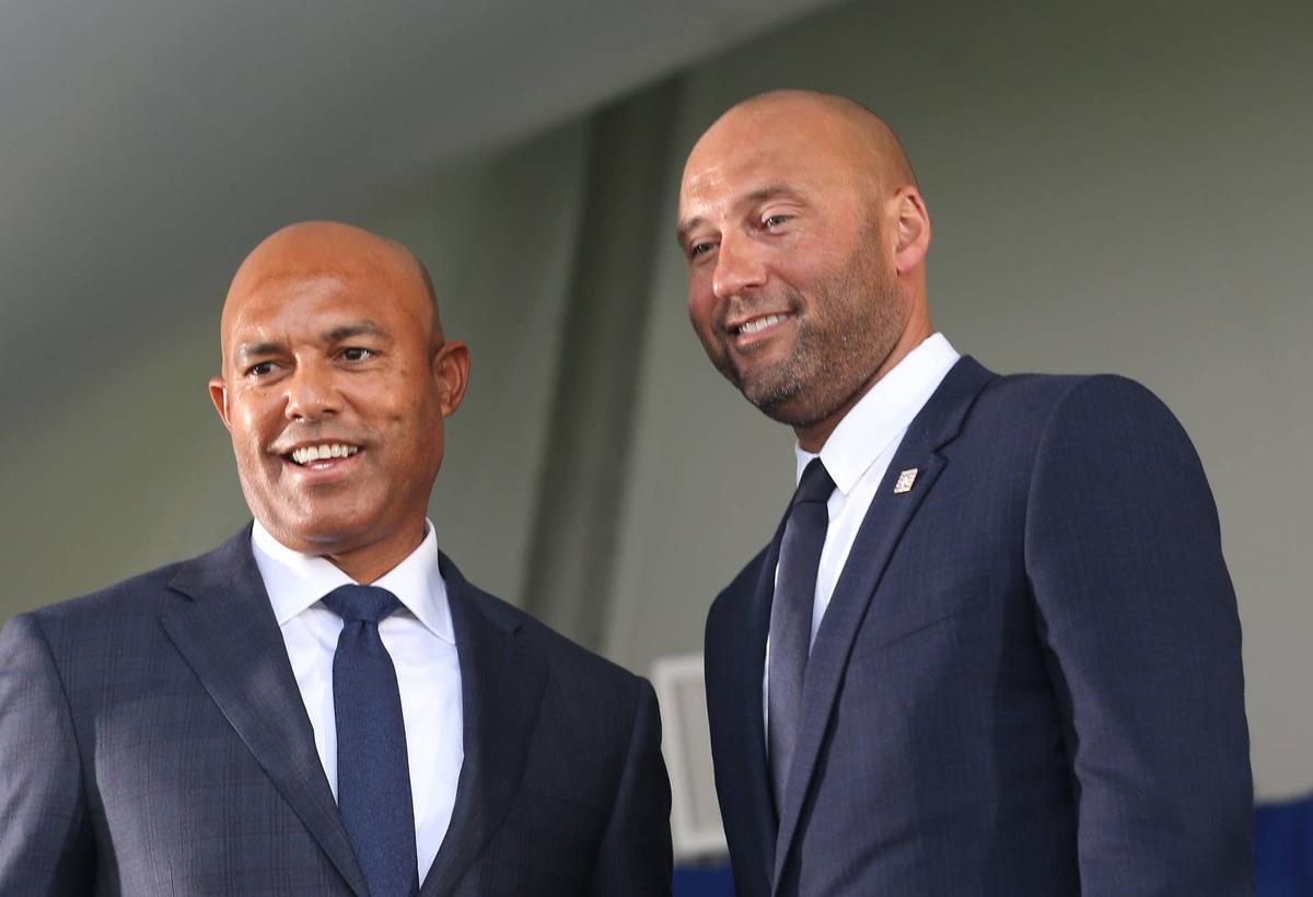  Hall of Famers Mariano Rivera and Derek Jeter are seen at the Baseball Hall of Fame induction ceremony during Jeter's induction in Cooperstown, New York, on Sept. 8, 2021. USA TODAY Network via Reuters Connect
