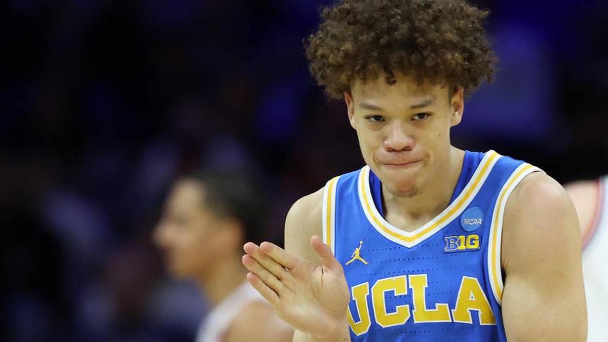  Mar 22, 2026; Philadelphia, PA, USA; UCLA Bruins guard Trent Perry (0) reacts against the UConn Huskies in the first half during a second round game of the men's 2026 NCAA Tournament at Xfinity Mobile Arena. Mandatory Credit: Bill Streicher-Imagn Images | Bill Streicher-Imagn Images 