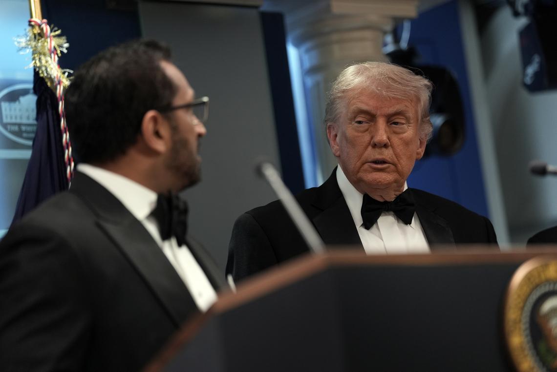 FBI Director Kash Patel, left, confers with President Donald Trump as he briefs reporters at the White House after shots were fired during the White House Correspondents' Association dinner at the Washington Hilton in Washington on Saturday, April 25, 2026. Trump was rushed from the stage but was unharmed. (Salwan Georges/The New York Times)