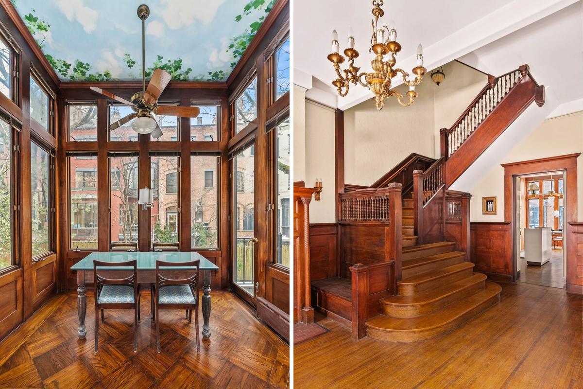  From left: a table stands in 842 Carroll Street; and the curved wooden staircase is seen. 