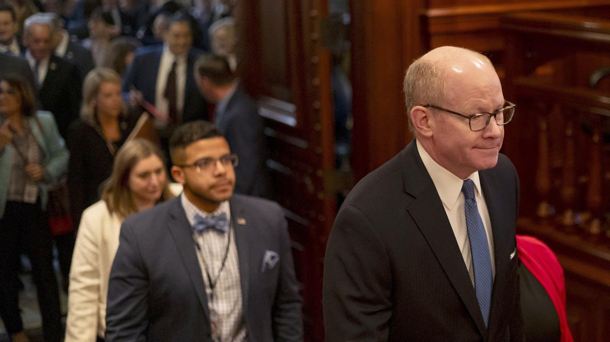 Senate President Don Harmon leads other state senators into the House chamber before Gov. JB Pritzker's State of the State address, Feb. 19, 2025, at the Illinois State Capitol in Springfield, Illinois. (Brian Cassella/Chicago Tribune/pool/TNS)