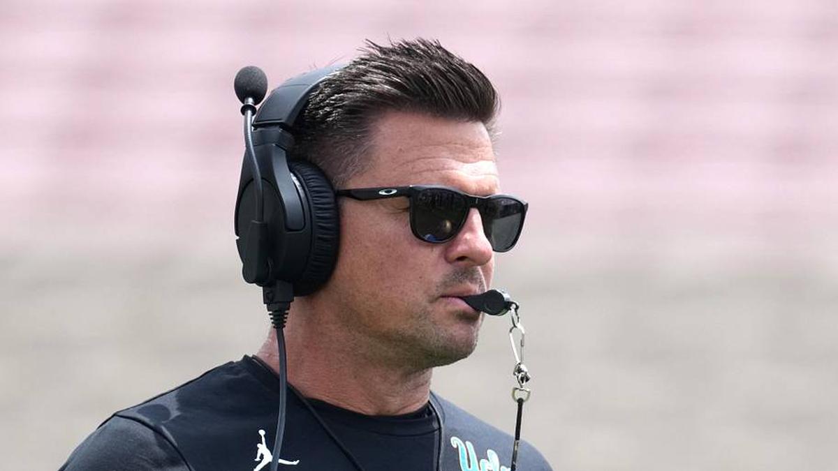  May 2, 2026; Pasadena, CA, USA; UCLA Bruins coach Bob Chesney reacts during the spring game at Rose Bowl. Mandatory Credit: Kirby Lee-Imagn Images | Kirby Lee-Imagn Images 