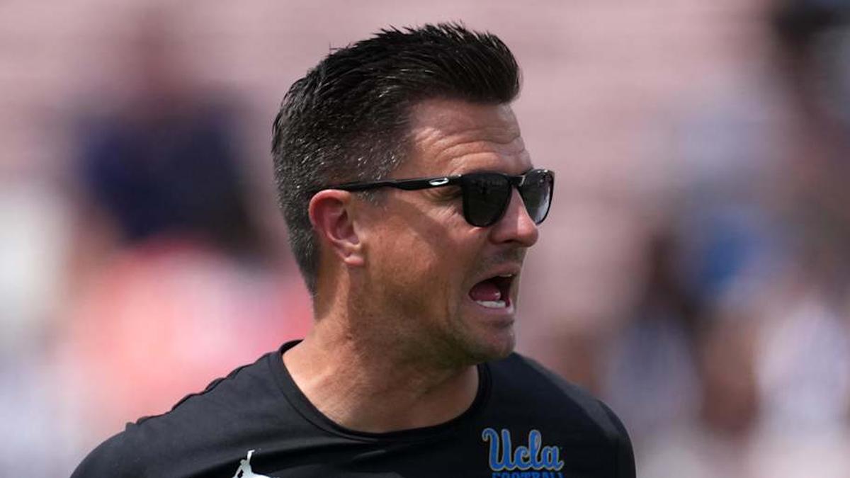  May 2, 2026; Pasadena, CA, USA; UCLA Bruins coach Bob Chesney reacts during the spring game at Rose Bowl. Mandatory Credit: Kirby Lee-Imagn Images | Kirby Lee-Imagn Images 