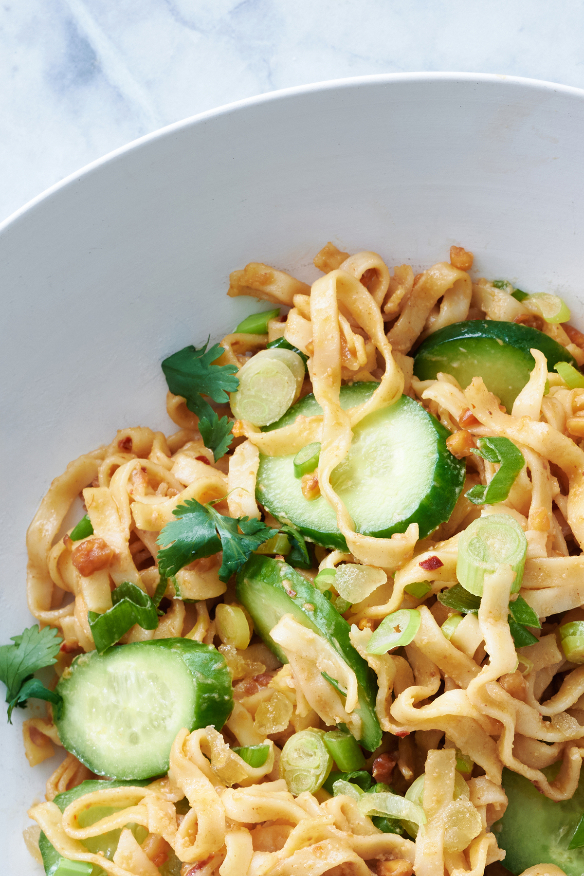 Cold peanut ginger noodles. Full of fresh cucumber and cilantro, Melissa Clark's riff on cold noodles packs a compelling punch. Props styled by Paige Hicks. Food styled by Roscoe Betsill. (Kelly Marshall/The New York Times)