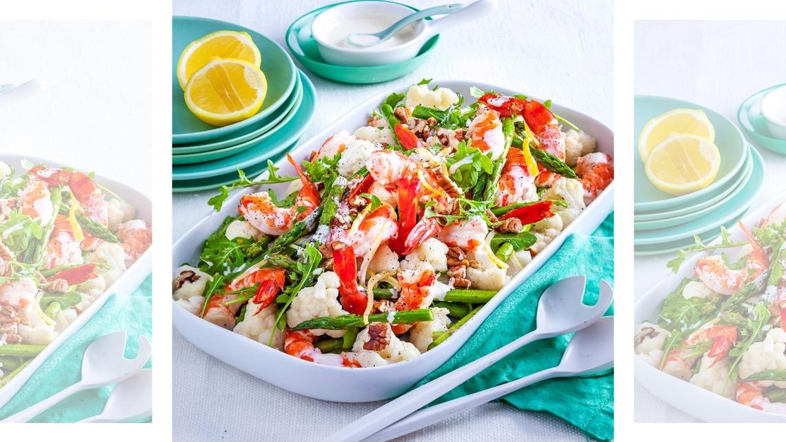 Deliciously Easy Shrimp, Cauliflower & Asparagus Salad Recipe Is Perfect For Spring-Or Anytime!