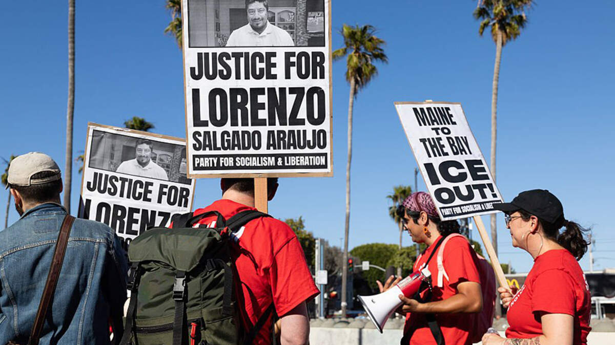 Demonstrators gather at a protest in response to two fatal shootings by U.S. Immigration and Customs Enforcement agents on Tuesday in San Francisco. Two individuals were fatally shot while in their vehicles by ICE agents in a one-week span - Lorenzo Salgado Araujo in Houston and Joan Sebastian Guerrero in Biddeford, Maine.