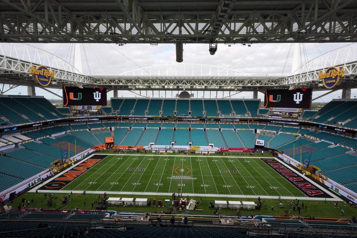  Jan 19, 2026; Miami Gardens, FL, USA; A general overall view of an empty Hard Rock Stadium before the CFP National Championship college football game. Mandatory Credit: Kirby Lee-Imagn Images 