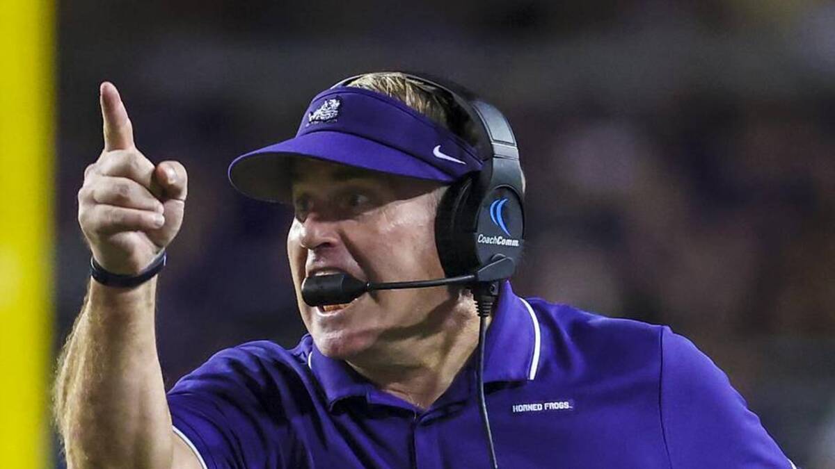  Oct 23, 2021; Fort Worth, Texas, USA; TCU Horned Frogs head coach Gary Patterson reacts during the first half against the West Virginia Mountaineers at Amon G. Carter Stadium. Mandatory Credit: Kevin Jairaj-Imagn Images | Kevin Jairaj-Imagn Images 