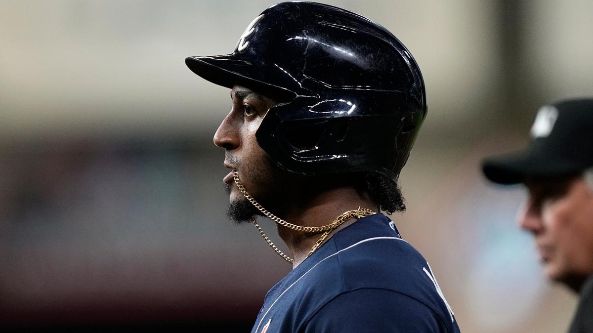 Atlanta Braves’ Ozzie Albies watches after a single during the second inning of Game 1 in baseball’s World Series between the Houston Astros and the Atlanta Braves Tuesday, Oct. 26, 2021, in Houston. (AP Photo/David J. Phillip)