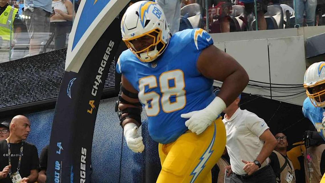 Sep 29, 2024; Inglewood, California, USA; A general overall view as Los Angeles Chargers guard Jamaree Salyer (68), center Bradley Bozeman (75) and guard Zion Johnson (77) enter the field before the game against the Kansas City Chiefs at SoFi Stadium. Mandatory Credit: Kirby Lee-Imagn Images | Kirby Lee-Imagn Images