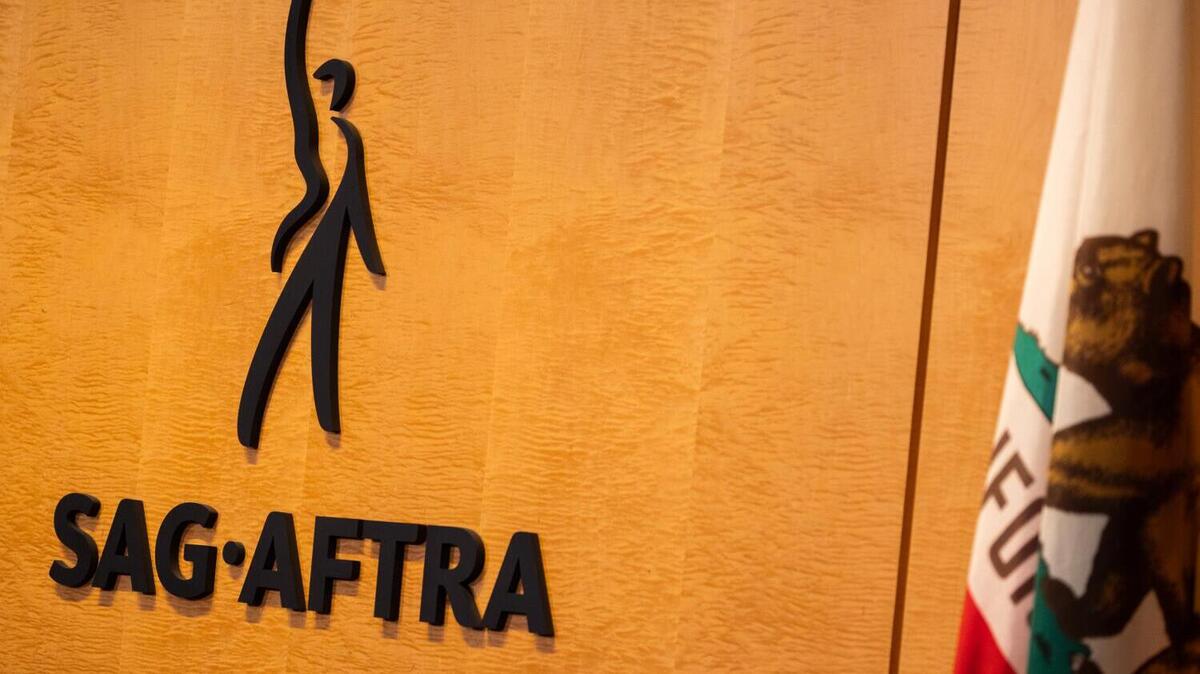 Los Angeles, CA - May 20: The SAG-AFTRA logo is seen inside their headquarters on Tuesday, May 20, 2025 in Los Angeles, CA. (Juliana Yamada / Los Angeles Times)