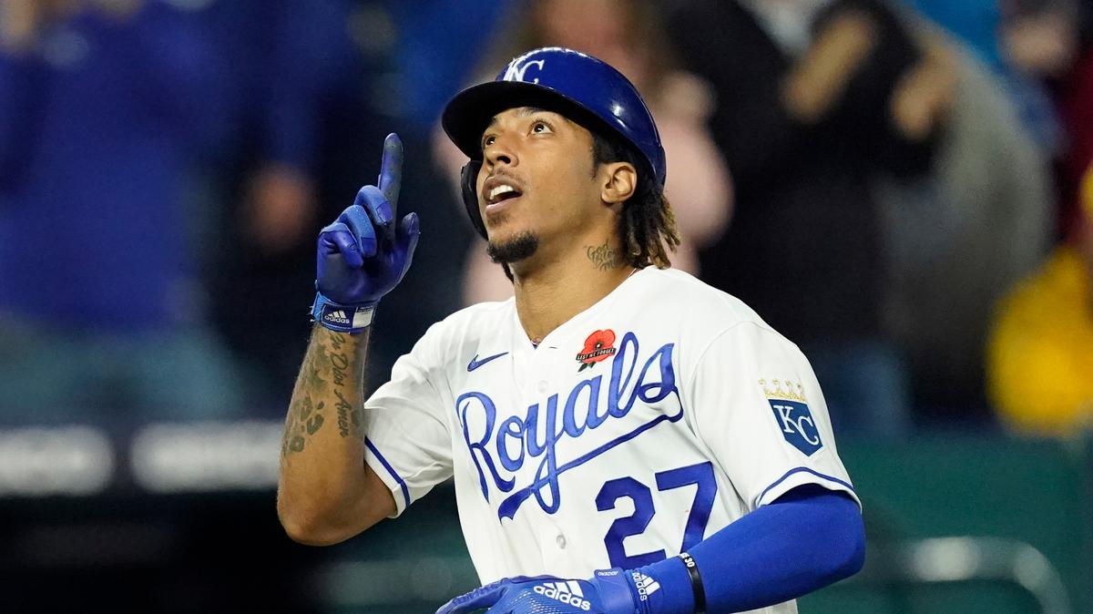 Kansas City Royals’ Adalberto Mondesi celebrates as he crosses the plate after hitting a two-run home run during the fifth inning of a baseball game against the Pittsburgh Pirates Monday, May 31, 2021, in Kansas City, Mo. (AP Photo/Charlie Riedel)