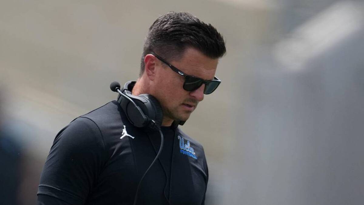  May 2, 2026; Pasadena, CA, USA; UCLA Bruins defensive coordinator Colin Hitschler (left) and head coach Bob Chesney during the spring game at Rose Bowl. Mandatory Credit: Kirby Lee-Imagn Images | Kirby Lee-Imagn Images 