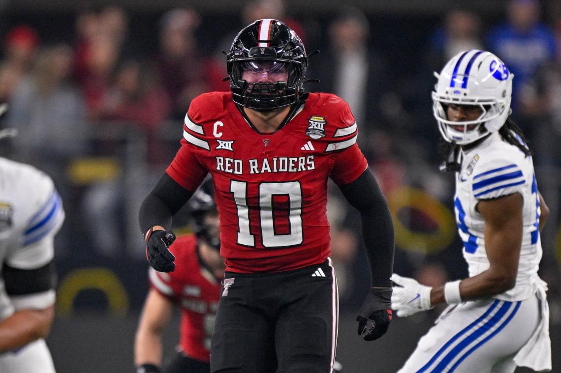 Texas Tech Red Raiders linebacker Jacob Rodriguez drops into coverage during the Big 12 Championship Game against the BYU Cougars in Arlington, Texas, on Dec. 6, 2025. Jerome Miron-Imagn Images