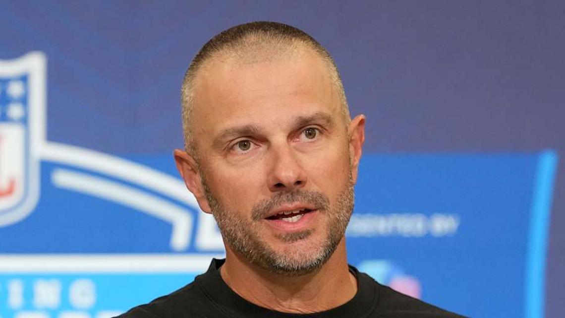  Feb 24, 2026; Indianapolis, IN, USA; Las Vegas Raiders general manager John Spytek speaks at the NFL Scouting Combine at the Indiana Convention Center. Mandatory Credit: Kirby Lee-Imagn Images | Kirby Lee-Imagn Images 