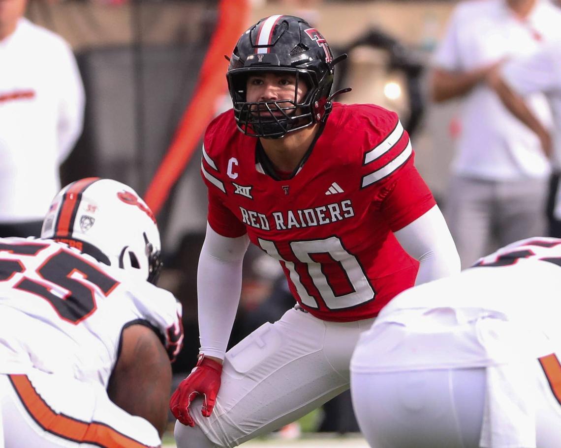  Texas Tech Red Raiders linebacker Jacob Rodriguez awaits the snap during his team's game against the Oregon State Beavers in Lubbock, Texas, on Sept. 13, 2025. USA TODAY Network via Reuters Connect