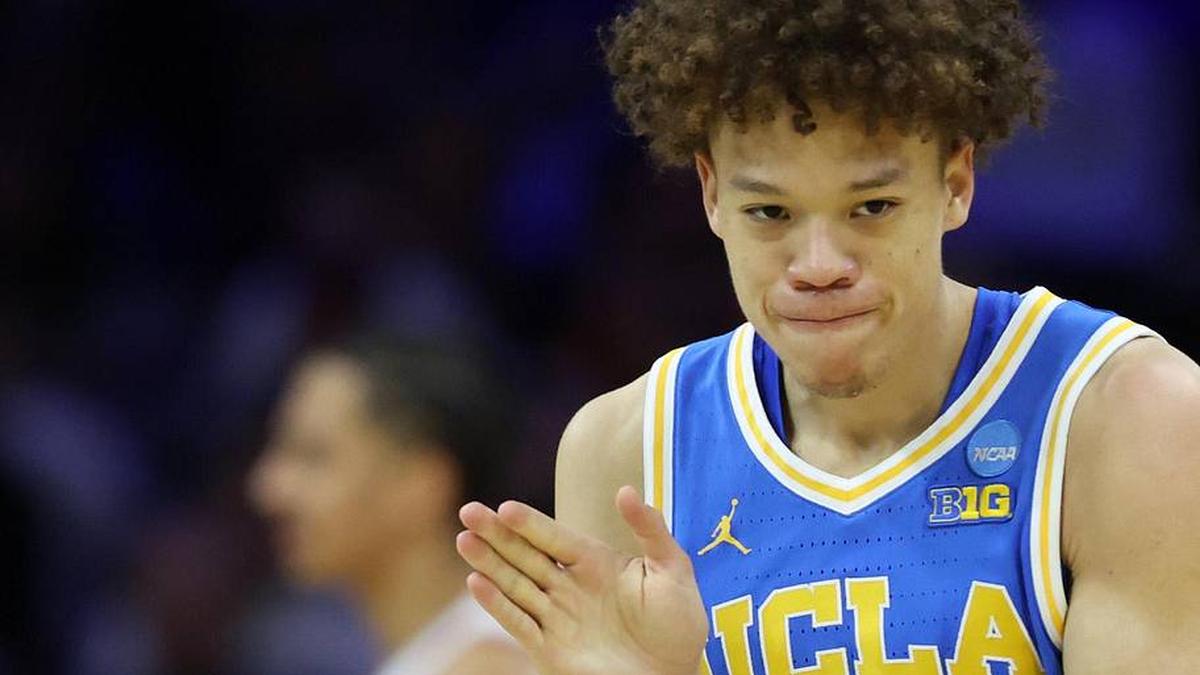  Mar 22, 2026; Philadelphia, PA, USA; UCLA Bruins guard Trent Perry (0) reacts against the UConn Huskies in the first half during a second round game of the men's 2026 NCAA Tournament at Xfinity Mobile Arena. Mandatory Credit: Bill Streicher-Imagn Images | Bill Streicher-Imagn Images 