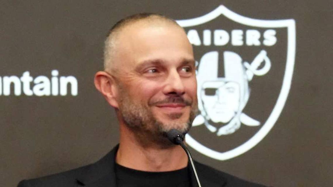  Feb 10, 2026; Henderson, NV, USA; Las Vegas Raiders coach Klint Kubiak (left) and general manager John Spytek at introductory press conference at Intermountain Health Performance Center. Mandatory Credit: Kirby Lee-Imagn Images | Kirby Lee-Imagn Images 