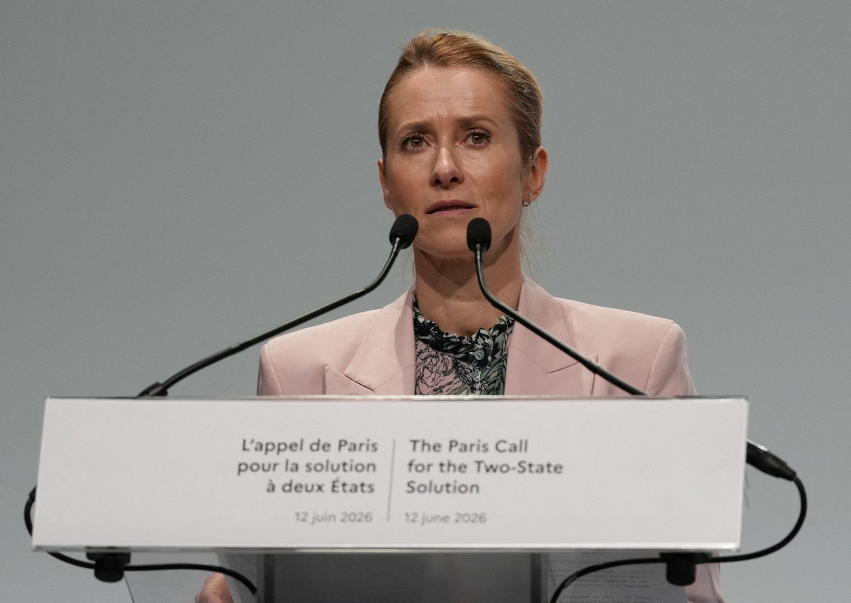 EU High Representative of Foreign Affairs and Security Policy, Kaja Kallas, speaks during a conference with Israeli and Palestinian civil society groups to support a two-state solution, in Paris, France June 12, 2026.   Thibault Camus/Pool via REUTERS