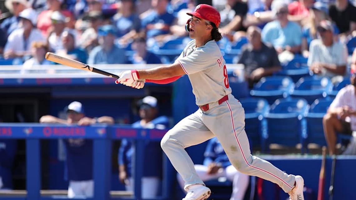  Feb 26, 2025; Dunedin, Florida, USA; Philadelphia Phillies outfielder Gabriel Rincones Jr. (85) hits a solo home run against the Toronto Blue Jays in the third inning during spring training at TD Ballpark. | Nathan Ray Seebeck-Imagn Images 