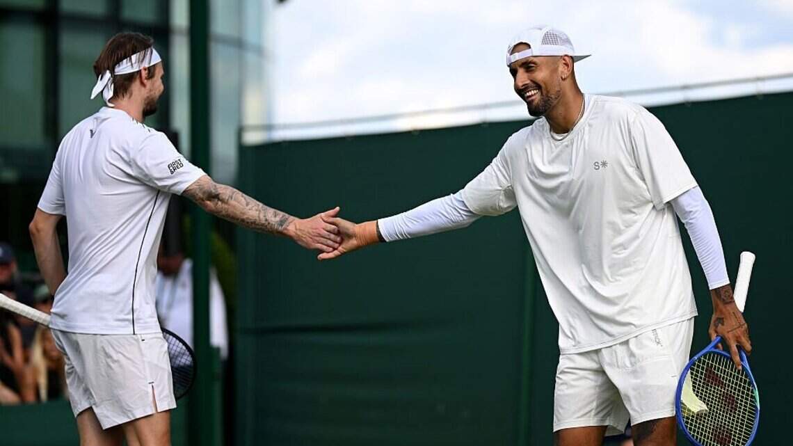 In Wimbledon return, Australia’s Kyrgios curses, begs for fine in doubles loss