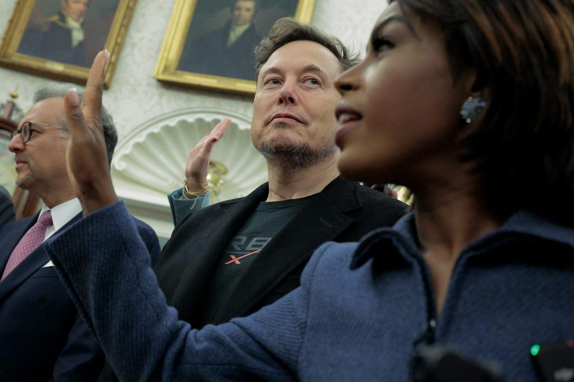  Elon Musk listens as reporters ask President Donald Trump and South Africa President Cyril Ramaphosa questions in the Oval Office on May 21, 2025. Chip Somodevilla/Getty Images 