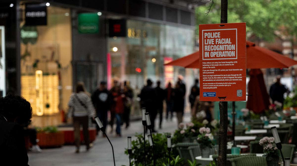 Temporary street signs warn pedestrians of a Metropolitan Police live facial recognition operation in London, Britain, May 11, 2026. REUTERS/Chris J. Ratcliffe