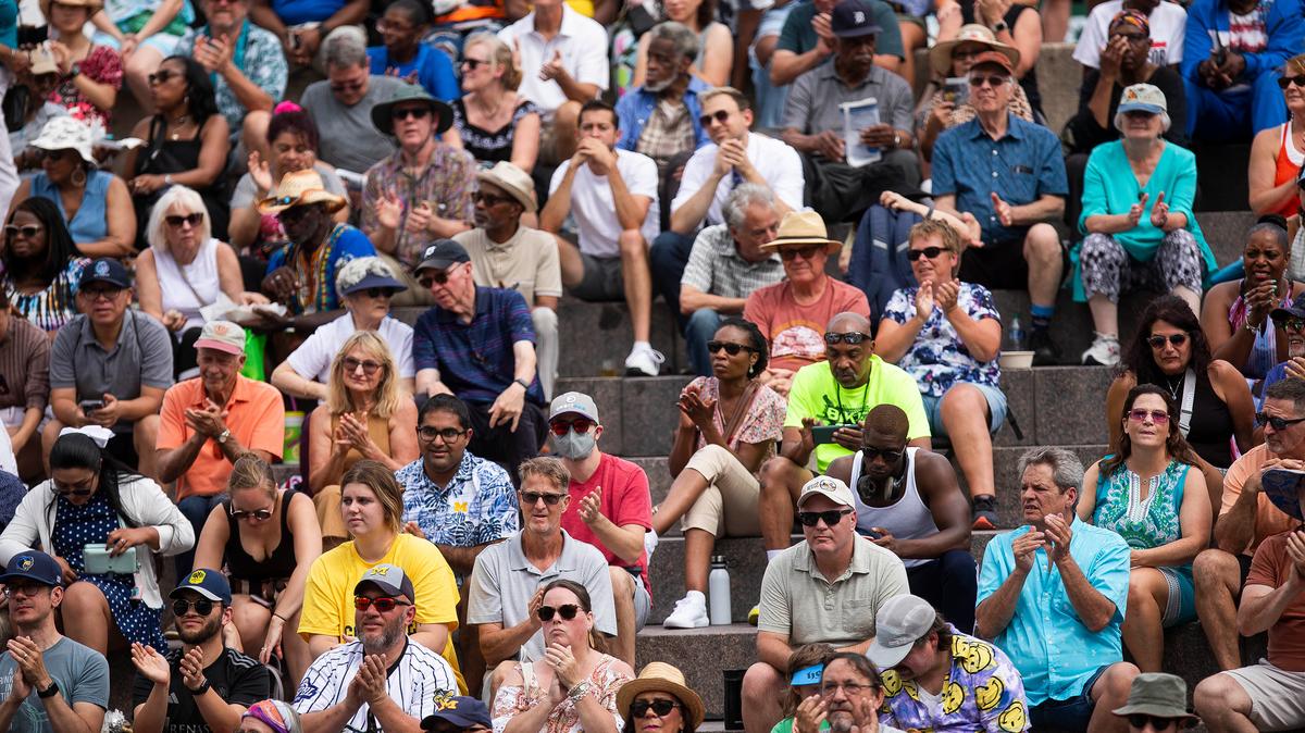 A crowd listens to a performance by Miho Hazama and M-Unit at the Carhartt Amphitheater Stage during the Detroit Jazz Festival on Sept. 2, 2023, in downtown Detroit. (Katy Kildee/The Detroit News/TNS)