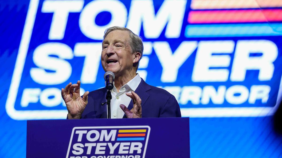 Democratic gubernatorial candidate Tom Steyer speaks to supporters during his election night party at The Regency Ballroom in San Francisco on June 2, 2026. (Ray Chavez/Bay Area News Group/TNS)
