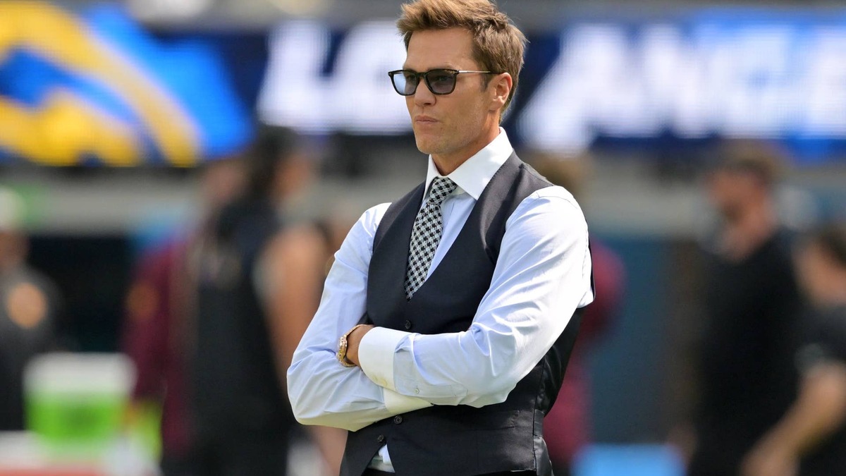 Oct 5, 2025; Inglewood, California, USA; Tom Brady looks on before the game between the Los Angeles Chargers and the Washington Commanders at SoFi Stadium. Mandatory Credit: Jayne Kamin-Oncea-Imagn Images