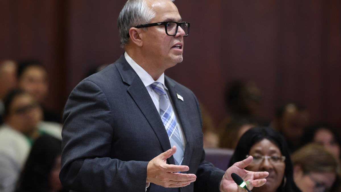 Alderman Gilbert Villegas, 36th, speaks during a City Council meeting on April 15, 2026, in Chicago. Villegas is the chief sponsor of an ordinance that stiffens penalties for marijuana-related offenses near Chicago schools and parks. (Antonio Perez/Chicago Tribune/TNS)