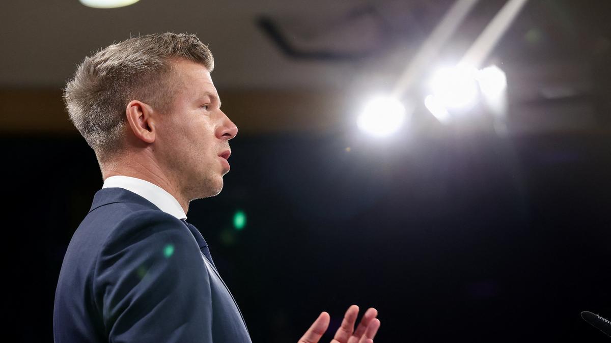 Hungarian Prime Minister Peter Magyar speaks during a press conference with European Commission President Ursula von der Leyen (not pictured) following negotiations on suspended EU funds, in Brussels, Belgium, May 29, 2026. REUTERS/Omar Havana