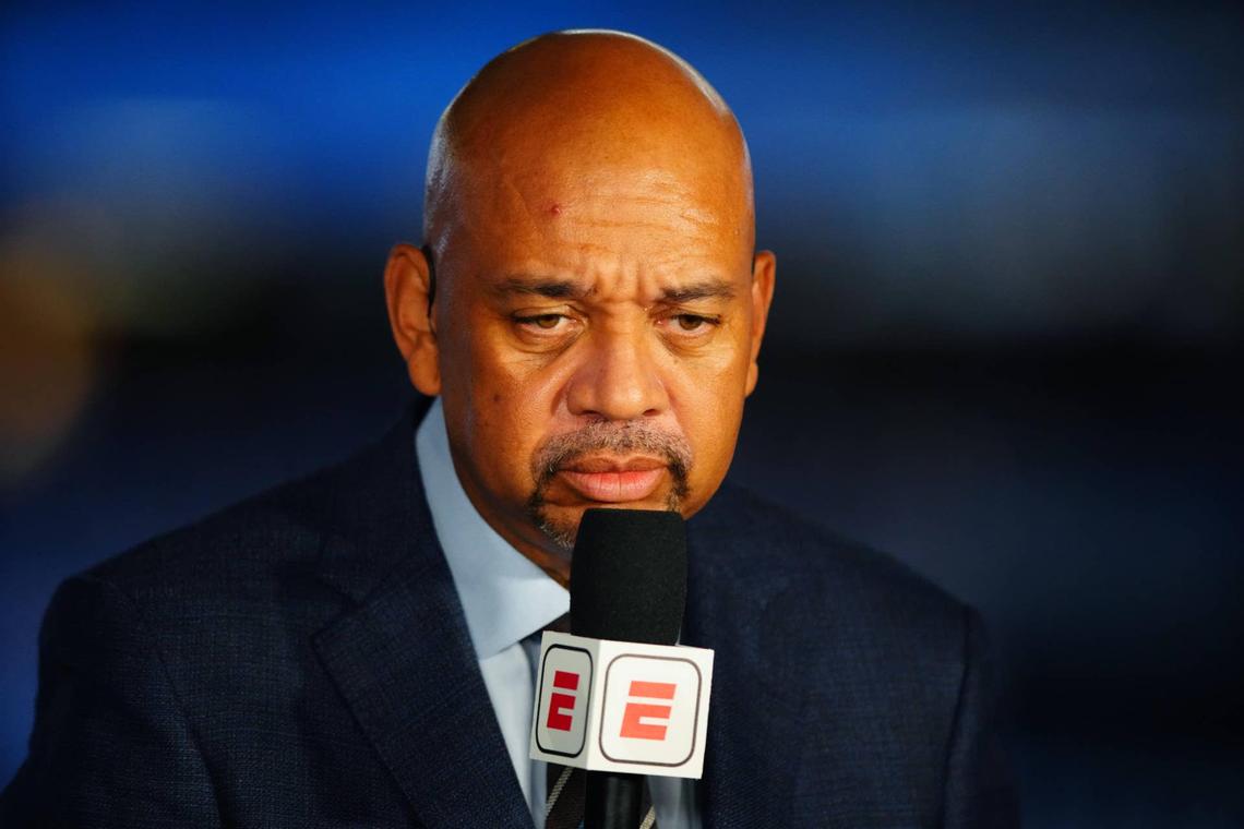  Jul 11, 2021; Milwaukee, Wisconsin, USA; ESPN reporter Michael Wilbon prior to the Phoenix Suns against the Milwaukee Bucks in game three of the 2021 NBA Finals at Fiserv Forum. Mandatory Credit: Mark J. Rebilas-USA TODAY Sports 