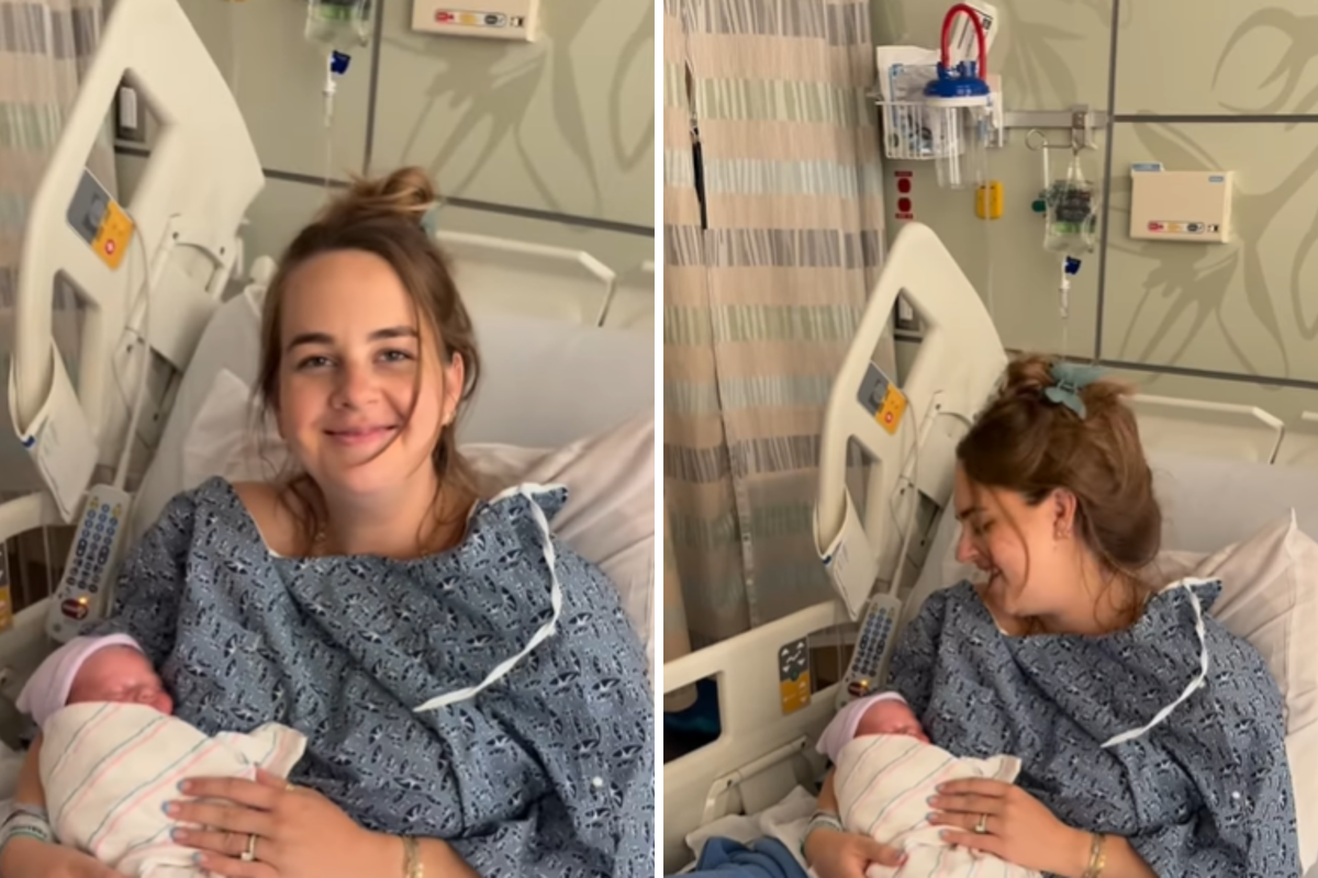  Lindsey Campbell in the hospital holding her newborn baby after giving birth. 
