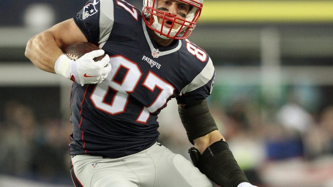 Syndication: The Providence Journal. Friday, January 15, 2016 Foxboro, MA The Providence Journal/Bob Breidenbach New England Patriots host the Kansas City Chiefs in an AFC Divisional Playoff at Gillette Stadium. Patriots tight end #87 Rob Gronkowski gains yards after a catch in the 1st half. The Providence Journal/Bob Breidenbach