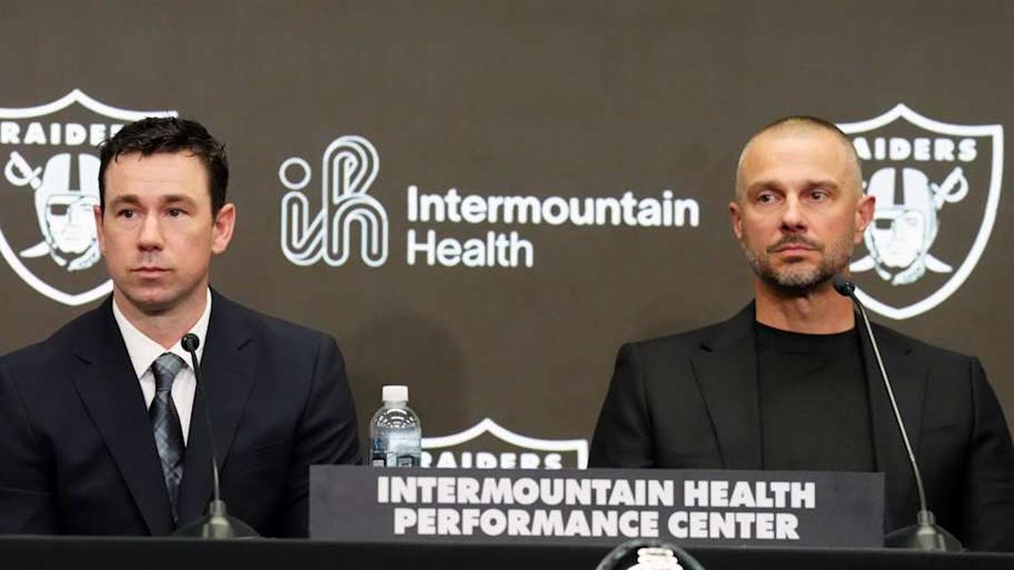  Feb 10, 2026; Henderson, NV, USA; Las Vegas Raiders coach Klint Kubiak (left) and general manager John Spytek at introductory press conference at Intermountain Health Performance Center. Mandatory Credit: Kirby Lee-Imagn Images | Kirby Lee-Imagn Images 