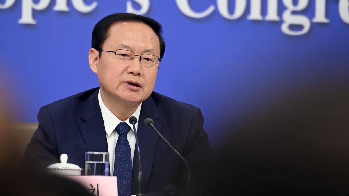 Sun Yeli, China's Minister of Culture and Tourism, speaks at a press conference. China's ministries answered questions on quality of life, culture, tourism and health during the National People's Congress. (Johannes Neudecker/dpa/TNS)