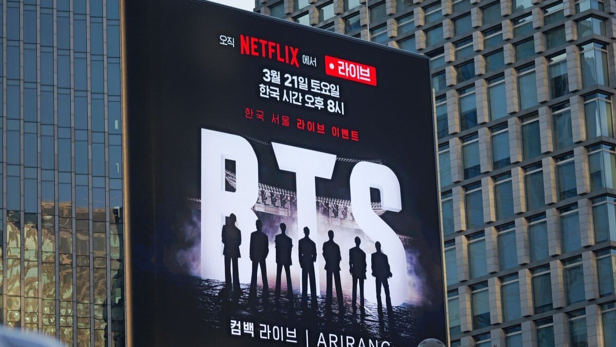 K-pop exports reached a record high in the first half of 2026, South Korean government data showed Friday, In this March 21 photo, a billboard advertising the Netflix livestream of a BTS concert is seen in Seoul. File Photo by Thomas Maresca/UPI
