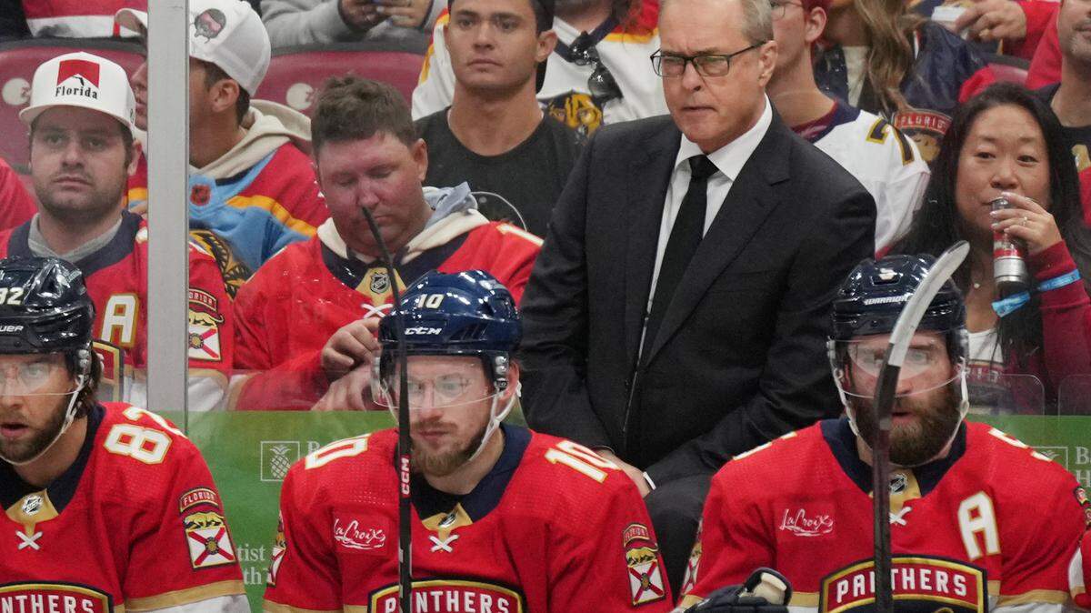 Jun 1, 2024; Sunrise, Florida, USA; Florida Panthers head coach Paul Maurice looks on from the bench against the New York Rangers during the first period in game six of the Eastern Conference Final of the 2024 Stanley Cup Playoffs at Amerant Bank Arena.