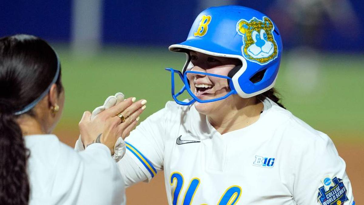  UCLA Bruins catcher Alexis Ramirez (28) celebrates after hitting a single during a Women's College World Series softball game between the UCLA Bruins and the Arkansas Razorbacks at Devon Park in Oklahoma City, Friday, May 29, 2026. | BRYAN TERRY/THE OKLAHOMAN / USA TODAY NETWORK via Imagn Images 