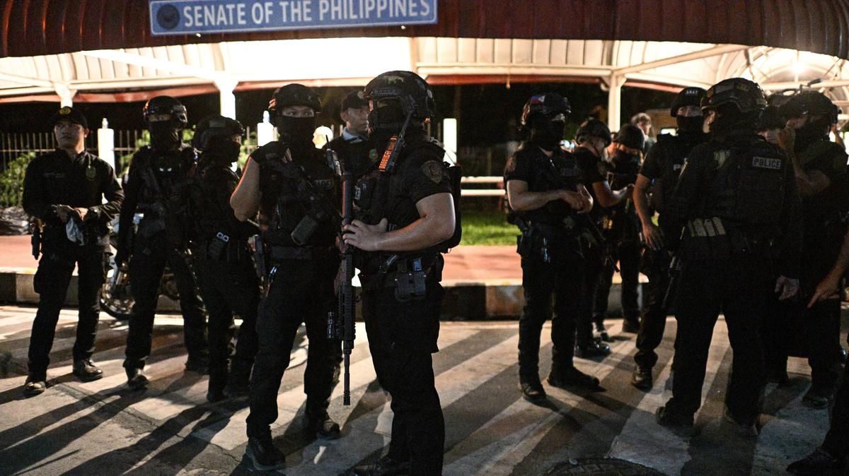 SWAT members stand outside the Philippine Senate, which holds Senator Ronald "Bato" dela Rosa, the chief enforcer of former President Rodrigo Duterte's drug war, in protective custody amid an International Criminal Court warrant, Pasay City, Metro Manila, Philippines, May 13, 2026. REUTERS/Noel Celis