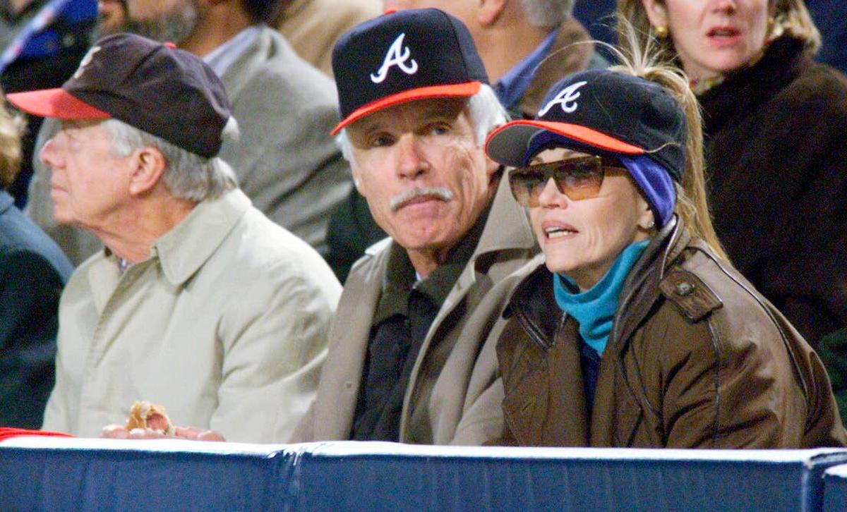  Oct 23, 1999; Atlanta, GA, USA; Former U.S. President Jimmy Carter (left) shares the box with Atlanta Braves owner Ted Turner and Turner's wife Jane Fonda during the first game of the 1999 World Series at Turner Field. Mandatory Credit: Robert Hanashiro-USA TODAY 