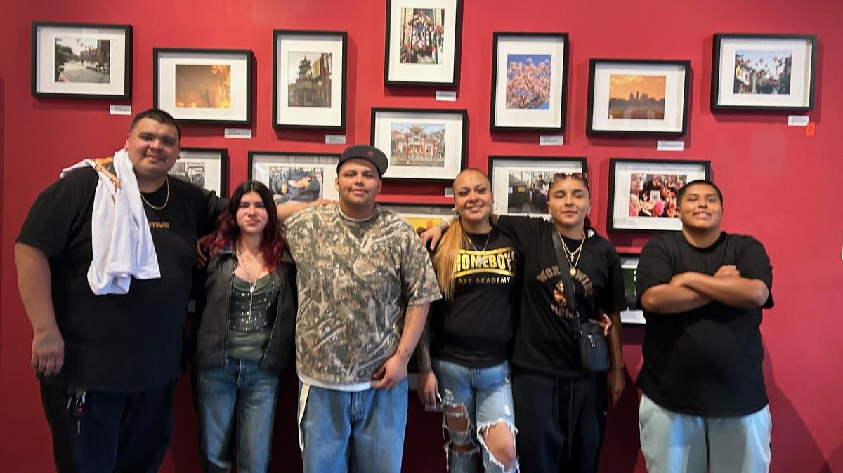 At the opening of”Visualizing the Future” at North Figueroa Bookshop on May 9, 2026, the artists and vendors included (L-R) Eduardo Chavez, Gizelle Lopez,  Dominic Garcia, Gaby Hidalgo, Daniele Cortes and Adam Ceron. (Photo by Erik Pedersen/SCNG)
