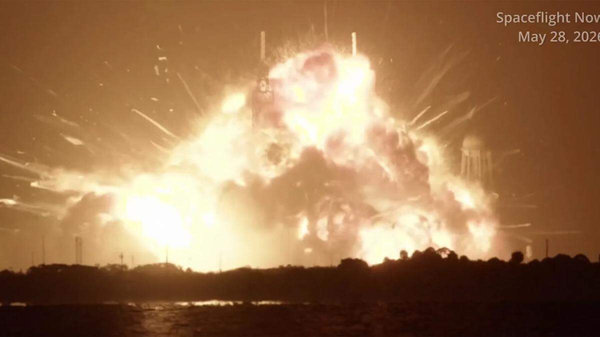 A screengrab from video shows the fireball engulfing a Blue Origin New Glenn booster at Cape Canaveral Space Force Station’s Launch Complex 36 in Florida on Thursday during a hotfire test.