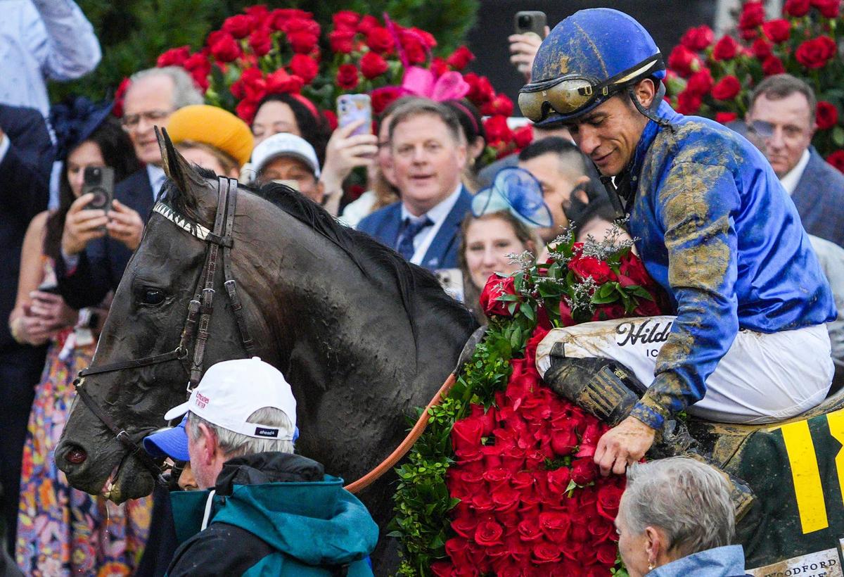  Jockey Junior Alvarado with Sovereignty head to the Winner's Circle after the pair won the 2025 Kentucky Derby. Matt Stone/Courier Journal / USA TODAY NETWORK via Imagn Images