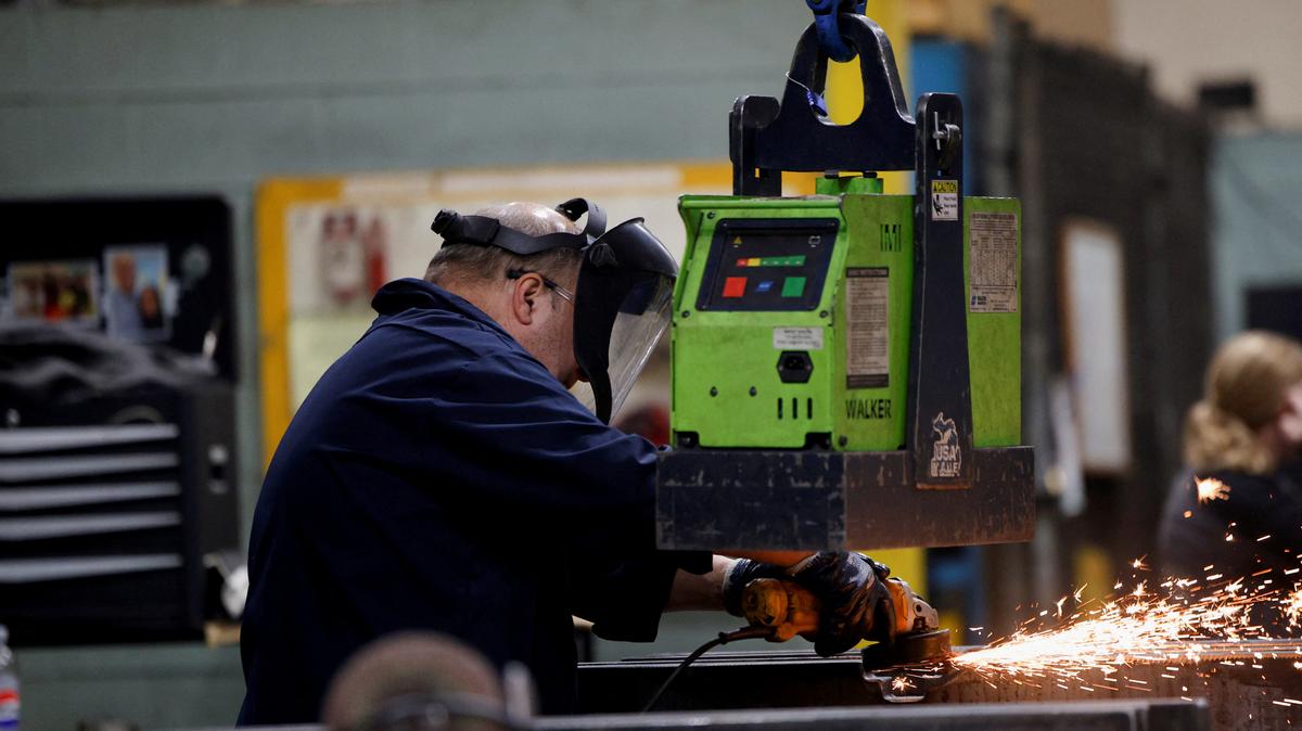 A worker is seen doing his job at the Anchor Danly manufacturing plant in Windsor, Ontario, Canada. January 16, 2025.    REUTERS/Rebecca Cook