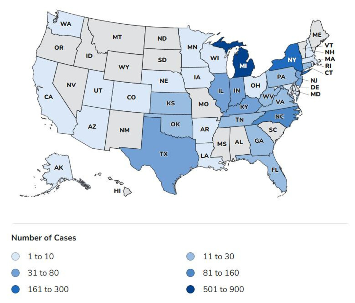 CDC's Cyclospora outbreak map shows confirmed cases reported across 34 states.
